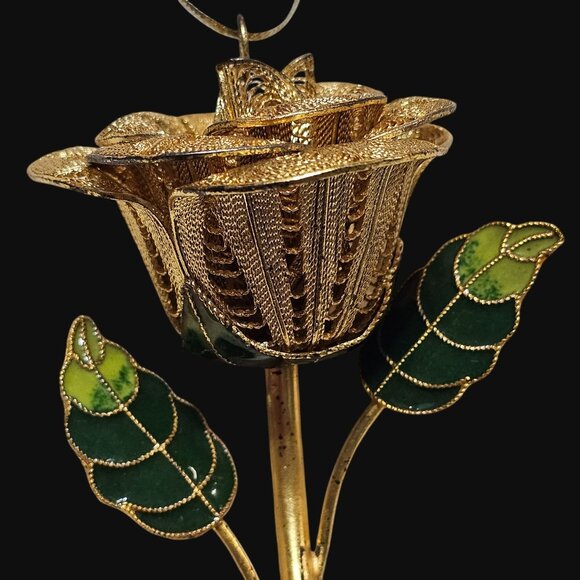 Vtg Gold Tone Filigree Rose Cloisonné Leaf 3D Rose Ornament - Picture 3 of 16